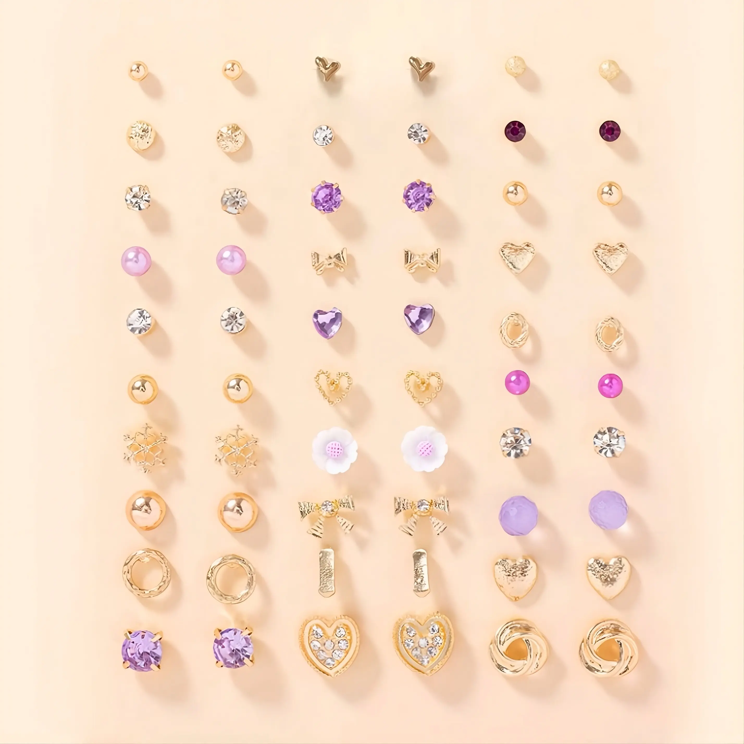 OO-MY Women's 30-Pair Hypoallergenic Gold-Plated Stud Earrings Set - Trendy Costume Jewelry, Geometric, Hearts&Flower Designs for Everyday, Casual Wear
