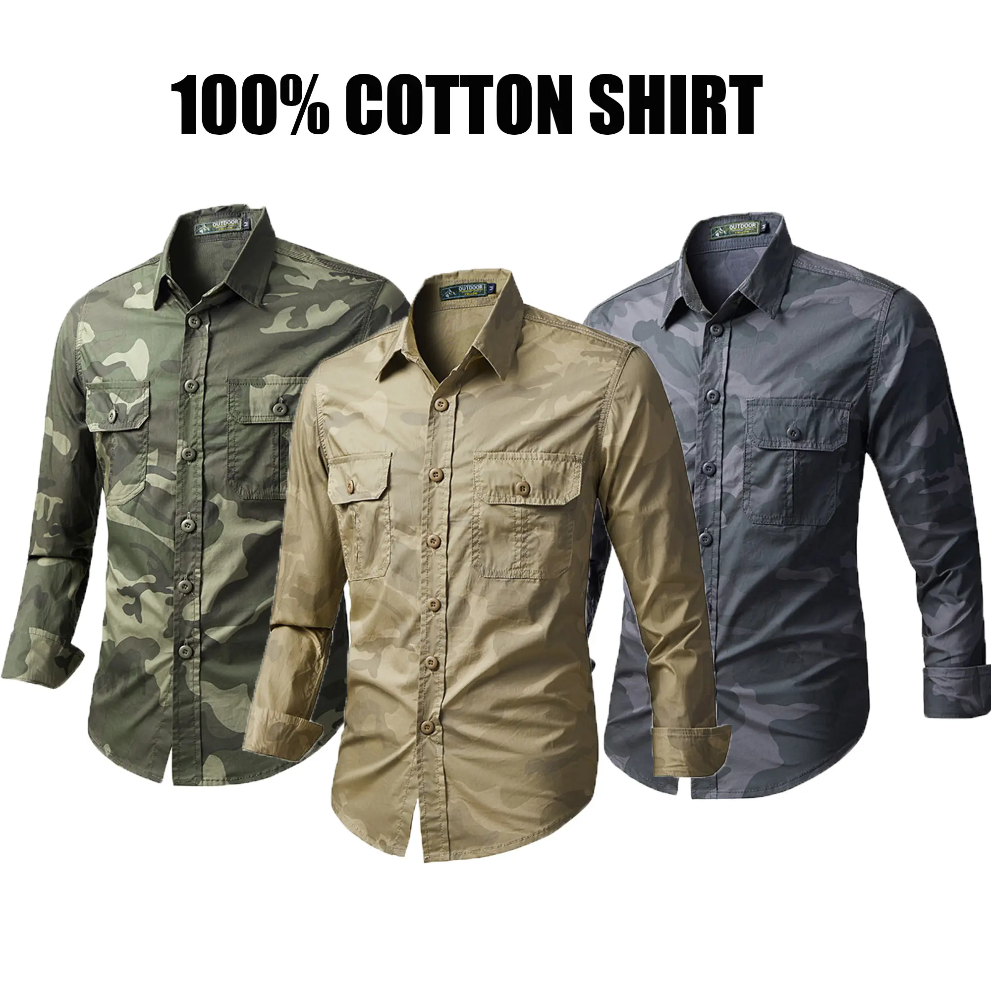 1-pack men’s camouflage pure cotton long-sleeve shirt, vintage workwear style with two pockets, casual shirt