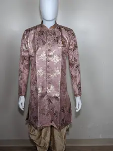 Men's sherwani set with golden flower brocade - Peach