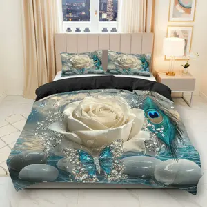 3PCS Duvet Cover Set, 1 Duvet+2 Pillowcases(Without filler), Rose Butterfly Crystal Peacock Zen theme, Christmas bedding set, Elegant Decorative Luxury Bedding Suitable for decoration bedroom hotel spa guest room.