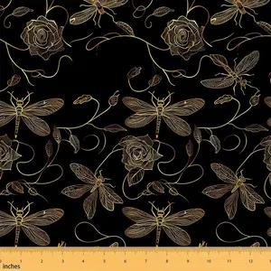 Dragonfly Upholstery Fabric,Luxury Rose Floral Fabric by The Yard,Ornamental Dragonfly Printed Fabric for Upholstery and Home DIY Projects