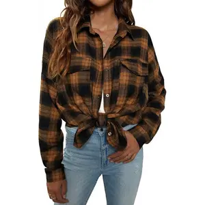 Women's Button Down Flannel Shirts Plaid Shacket Long Sleeve Collared Business Casual Tops Work Blouses Womenswear Chic Cute Fit