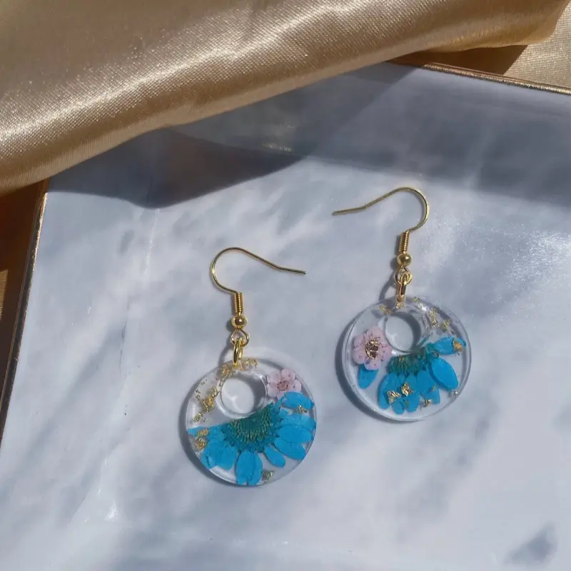 Resin Daisy Circle Earrings with Blue Floral Design and Gold Hooks Resin Daisy Circle Jewelry