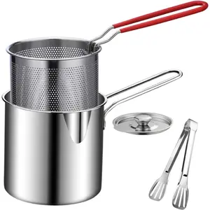 Stainless Steel Deep Fryer Pot Set, 2 Sets Tempura Frying Pan with Strainer Basket, Lid & Tongs, Kitchen Cooking Utensils