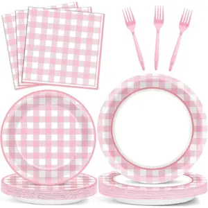 96 Pcs Pink Gingham Party Decoration for 24 Guests Pink And White Checkered Plates Party Supplies Plaid Birthday Tableware Outdoor Supplies Girls Barbecue Picnic Plates Napkins Decor