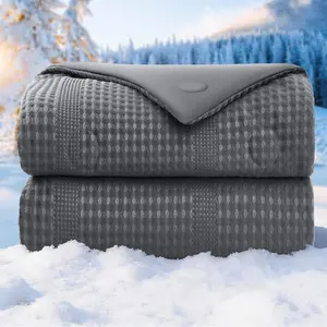 Waffle Weave Cooling Comforter  Size, Q-Max 0.45 Reversible Cooling Blanket for Hot Sleepers, Breathable Lightweight Silk Smooth Summer Bedding, Quilted Ice Blanket, Dark Gray