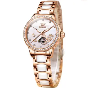 OLEVS Watch OLEVS Women's Rose Gold Automatic Watches Skeleton Mechanical Self Winding Ladies Elegant Luxury Dress Butterfly Diamond White Ceramic Band Watch Gift