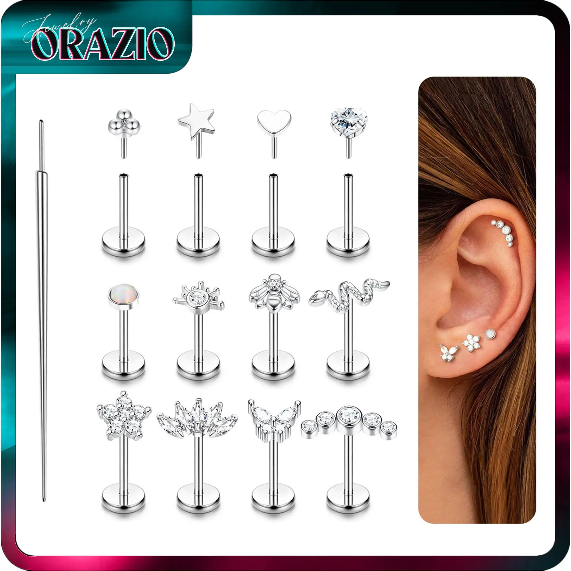 ORAZIO 12pcs Push-in Stud Earrings Set, 20G Flat Back, 14K Gold Plated, Hypoallergenic Threadless Cartilage Helix Tragus Nose Piercing Jewelry for Women