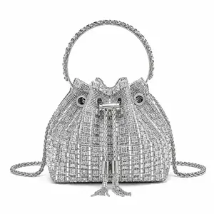 Women's Silver Rhinestone Drawstring Tote Bag with Top Handle & Detachable Chain Strap – Elegant Evening & Daily Handbag for Work, Summer Outings, Gifts for Mom or Loved Ones