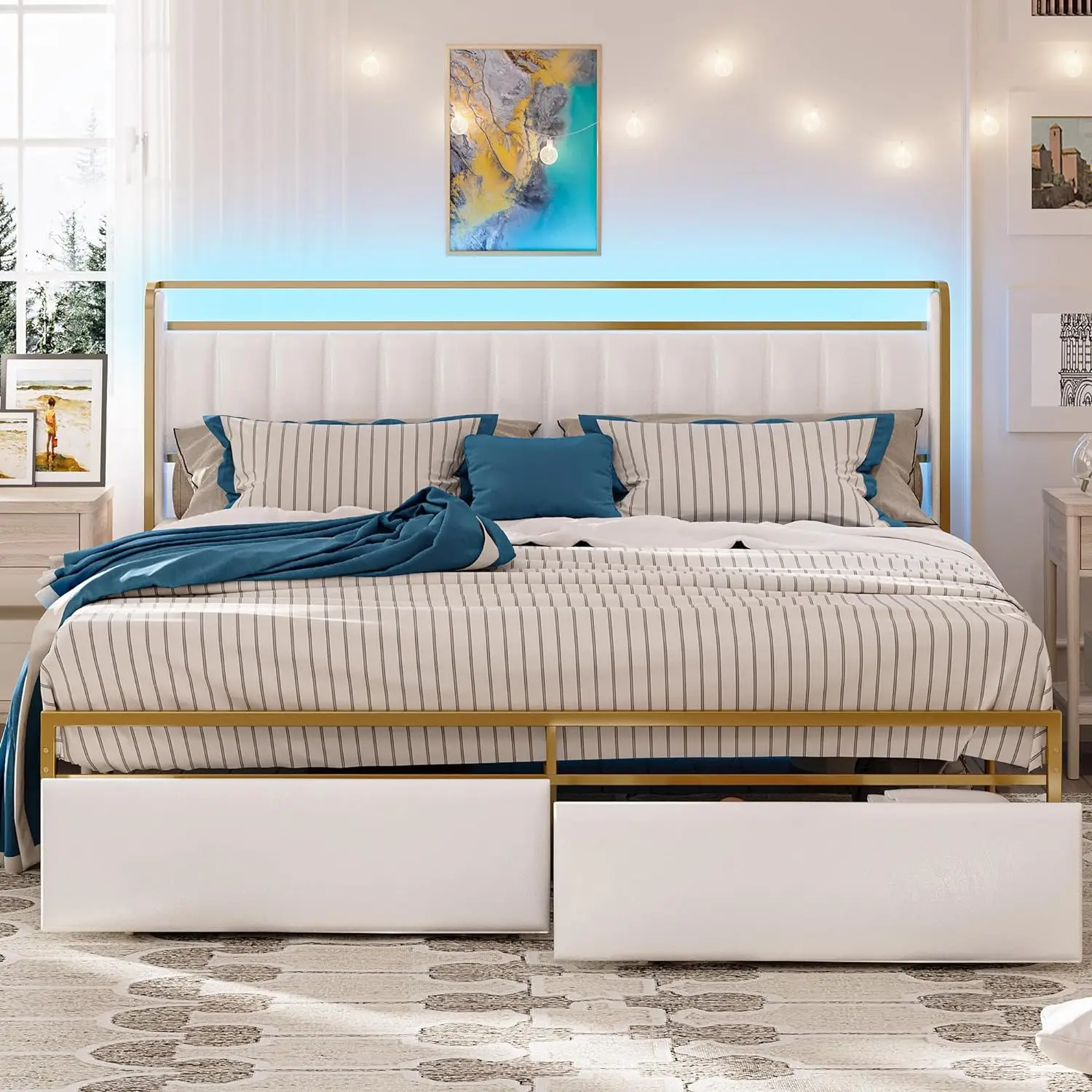 LIKIMIO Luxury Bed Frame with Armrests Headboard & RGB Light, Unique Bedroom Furniture with Storage Drawers - Upholstered Platform, No Box Spring, St