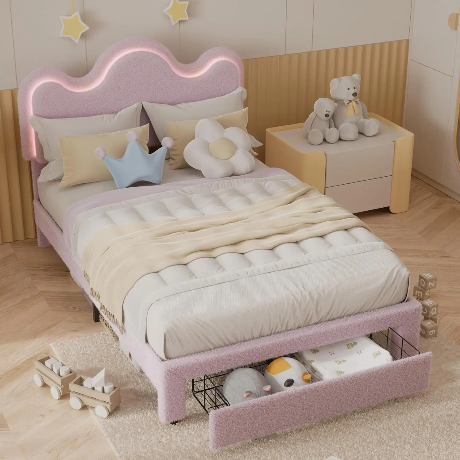 【Christmas Gift】Full Bed Frame with Adjustable Upholstered Headboard Girls Boucle Platform Bed Frame with Storage Drawers Princess Bed Frame for Kids Strong Wood Slat Support No Box Spring Needed Easy Assembly Pink
