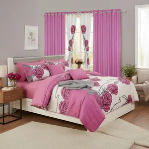 Luxury Pink Rose 9-Piece Set Complete with 6 Curtains for Dream Makeover Ultra-Soft Machine Washable Fits Queen King CAL-King Beds Cozy Valentine's Day Bedroom Upgrade | wedding gift