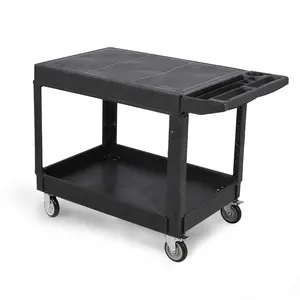 GARVEE Utility Service Cart Flat top, 550 LBS Heavy Duty Plastic Rolling Utility Cart with 360°Swivel Wheels (2 with Brakes), 2 Shelves Work Cart Ergonomic Storage Handle for Warehouse Garage
