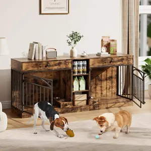 Garvee 78.7" Large Double Dog Crate Furniture for 2 Dogs, Indoor Wooden Kennel with Storage Drawers, Shelves & Feeding Bowls, Multifunctional TV Stand Style Dog House for Small & Medium Pets, Modern Sturdy Pet Crate & Side Table, Gray/Brown