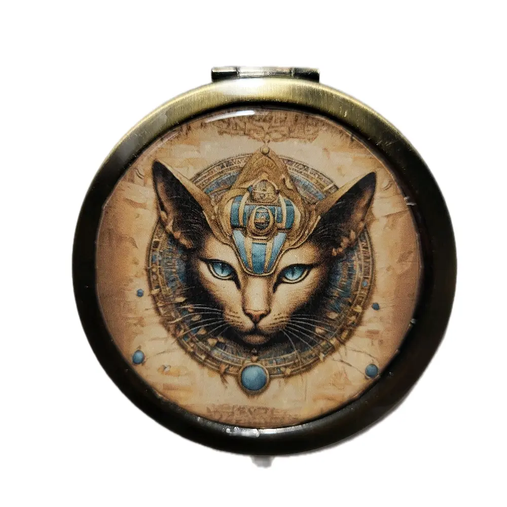 Cat Goddess Antique Bronze Compact Makeup Mirror Keepsake with Egyptian Design and Unique Style