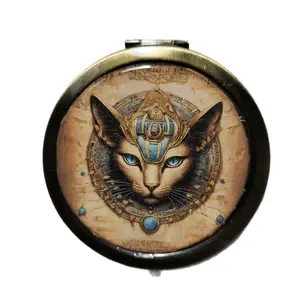 Cat Goddess Antique Bronze Compact Makeup Mirror Keepsake with Egyptian Design and Unique Style
