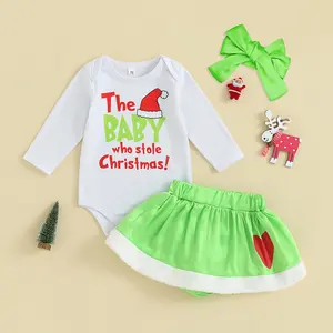Newborn Baby Girl Christmas Outfit Infant Boy Long Sleeve Costume Romper Shirt Green Monster Shorts Clothes Set