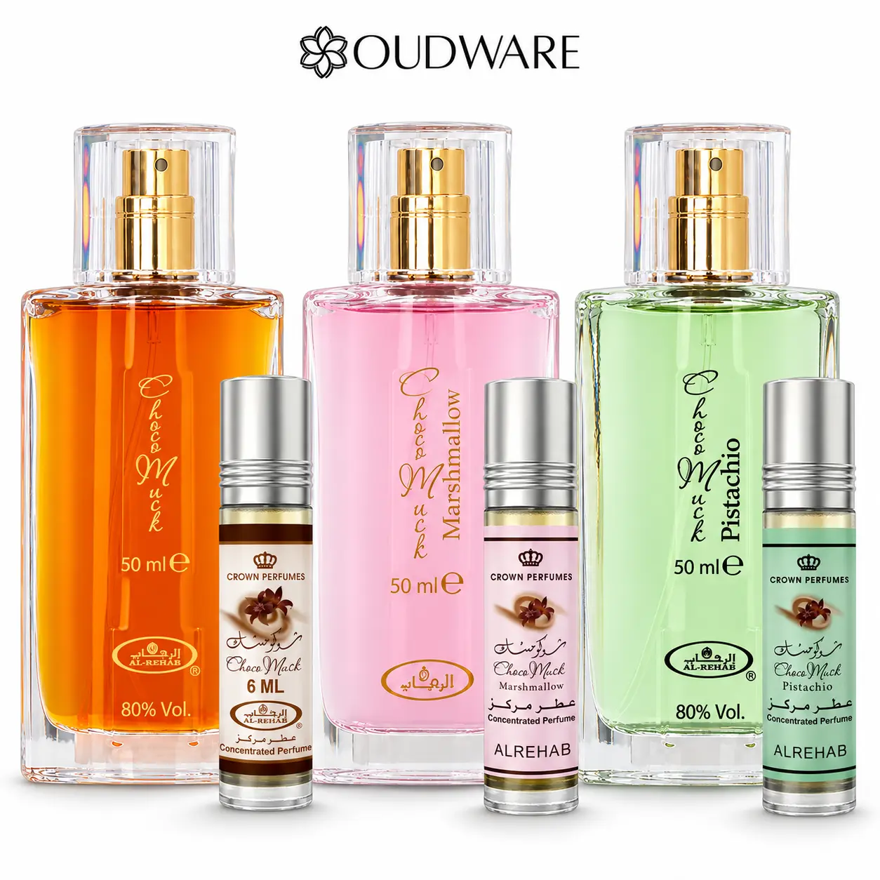 Al Rehab Choco Musk Original + Marshmallow + Pistachio, 3 × 50 mL (1.69 fl oz) EDP Sprays + 3 × 6 mL (0.20 fl oz) Roll-On Oils, 6-Piece Fragrance Layering Bundle