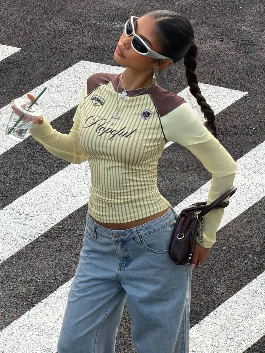 Women's Letter & Stripe Print Raglan Sleeve Casual T-Shirt