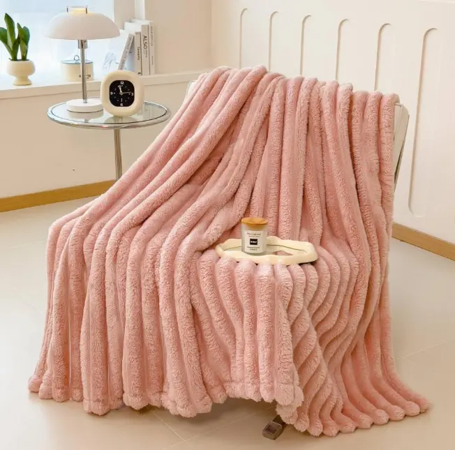 Super Soft Striped Faux Rabbit Fur Throw Blanket, Anti-Static Thick ...