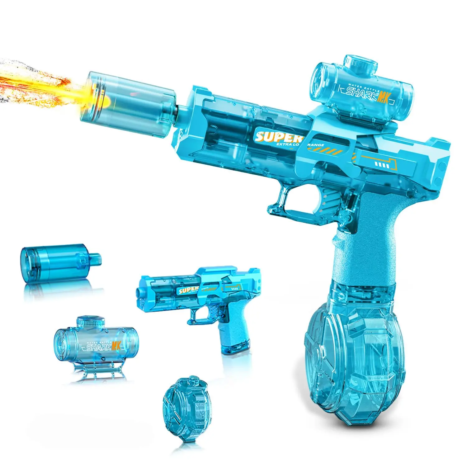 Electric Water Gun for Kids Age 3 Plus 1500mAh Rechargeable Automatic Water Blaster with USB Charging Leakproof Tank Light Up Breathe Fire Flame Effect Outdoor Summer Water Fight Toy for Boys Girls Translucent Body Magnetic Fishi