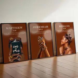 Christian Black Girl Wall Art Set of 3 – Brown Bible Verse Prints for Kids or Bedroom, Room Decor, Unframed