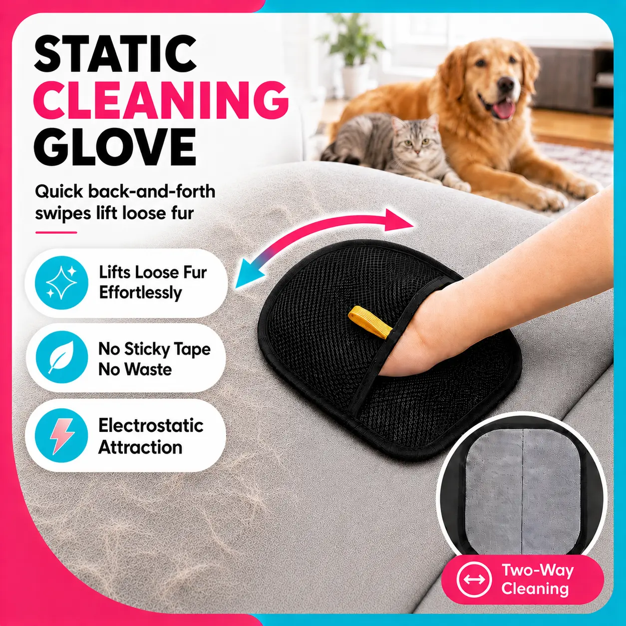 Electrostatic Pet Hair Removal Glove - Static Fabric, 2-Way Grip, 1-Size Reusable Washable Tool for Dog & Cat Grooming, Sofa Fur Pickup, Clothing Hair Removal sohochic