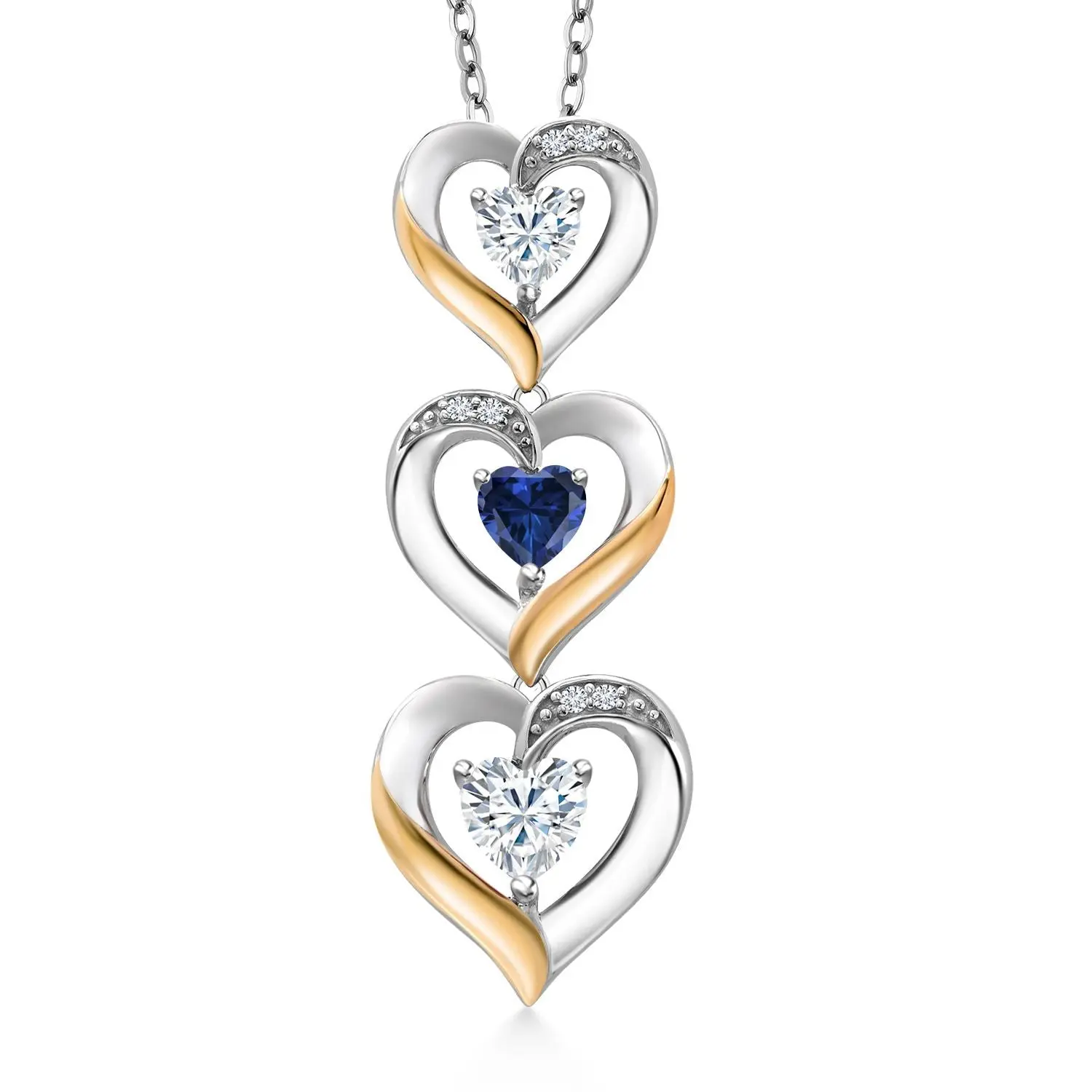 Gem Stone King 925 Silver and 10K Yellow Gold Triple 3-Heart Pendant Necklace for Women | 5MM Heart Shape Gemstone Birthstone with Blue created sapphire and Lab Grown Diamond Accents | Includes 18 Inch Chain