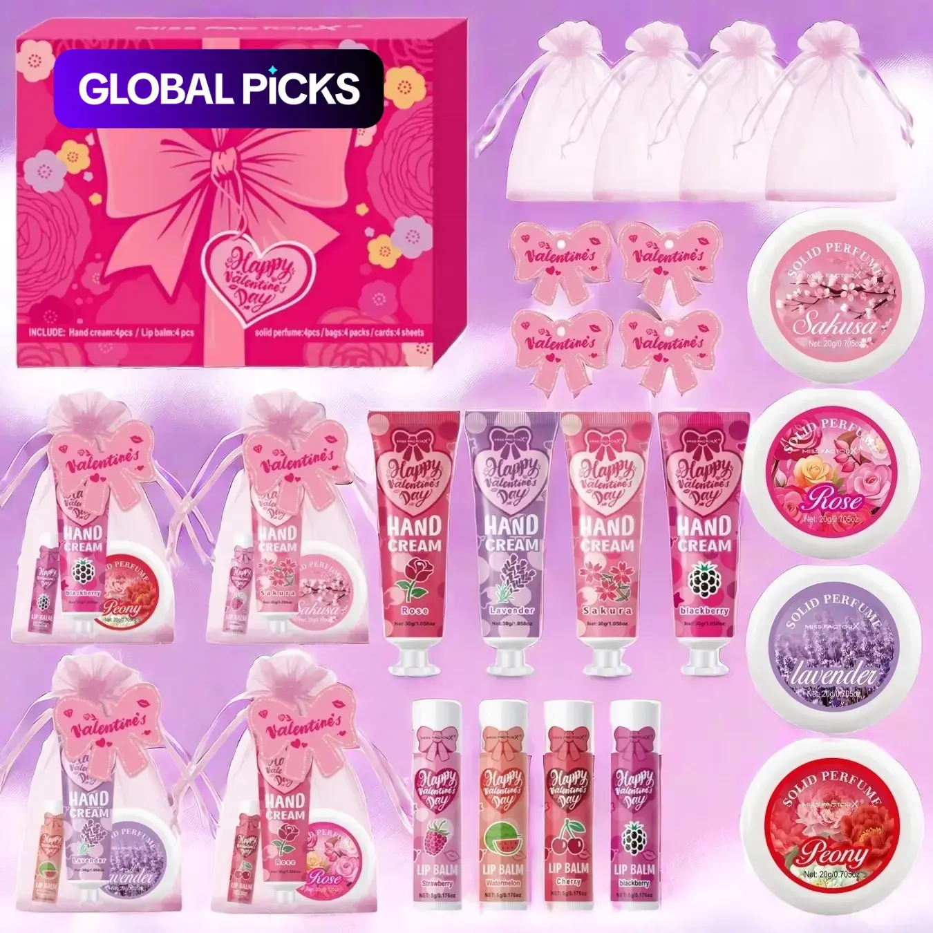 Valentine's Day Hand Cream and Lip Balm Body Care Sets, Body Care Bundle, Includes 12 Hand Creams, 12 Lip Balms and 12 Heart Bags, Suitable for All Skin Types #GLOBAL PICKS