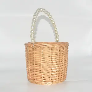 Imitation Rattan Wicker Flower Girl Basket, Pearl Handle Flower Girl Basket, Wedding Flower Girl Basket and Home Decoration