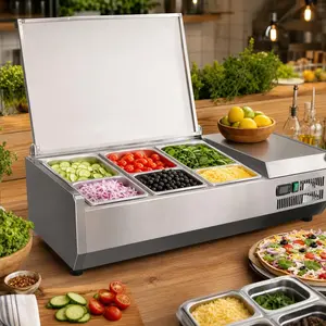 Commercial Stainless Steel Countertop Prep Rail - Refrigerated Condiment Sandwich Salad Station with Lid & Digital Control