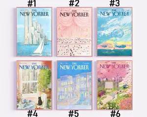 New Yorker Poster Cover Prints, Pastel Colourful, Vintage poster, Pink, Blue, Soft Warm, Bedroom Decor Artwork Kitchen