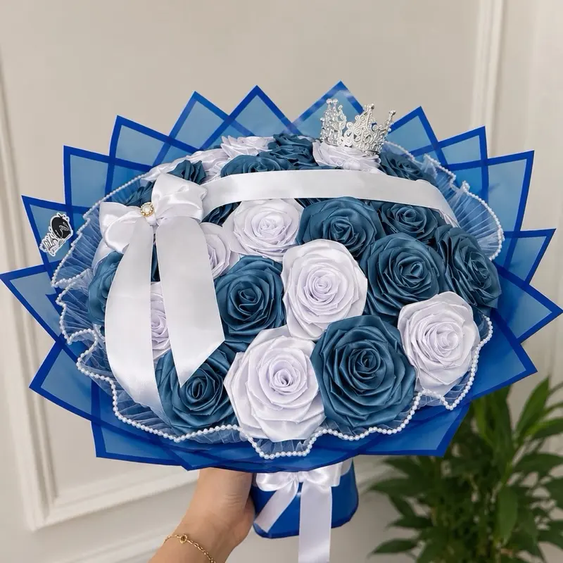 Handmade Blue Ribbon Rose Bouquet | Eternal Satin Flower Bouquet | Luxury Graduation & Father’s Day Gift | Custom Roses Bouquet