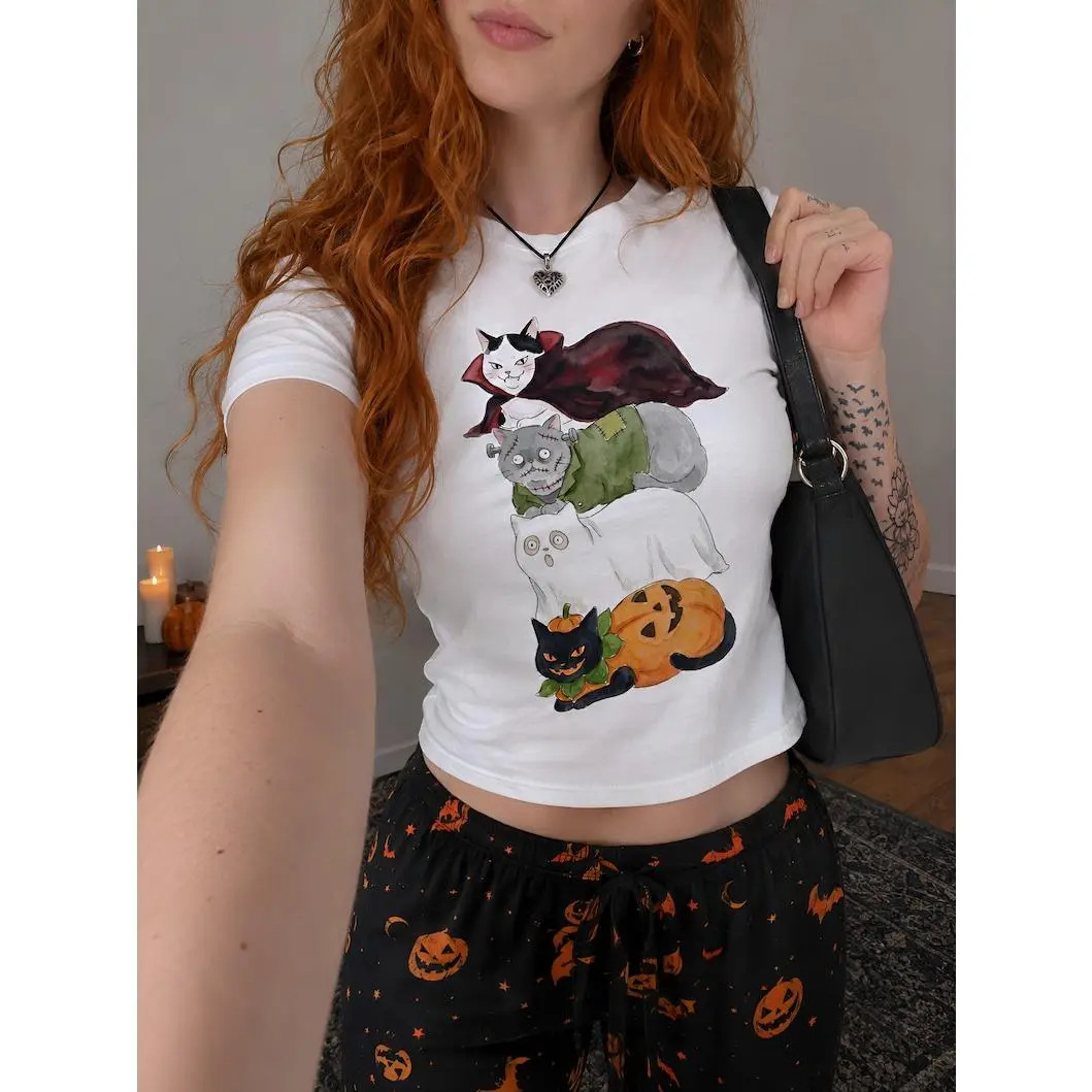 Stacked Halloween Cats Shirt, Cute Spooky Cat Stack Y2K Baby Tee, Pumpkin Cat Crop Top For Women, Unique Gift For Cat Lovers