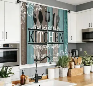 2 Panels Farmhouse Kitchen Curtains Teal Wooden Plank Utensil Print, Rustic Vintage Kitchen Window Decor, Light Filtering Decorative Drapes for Sink Window