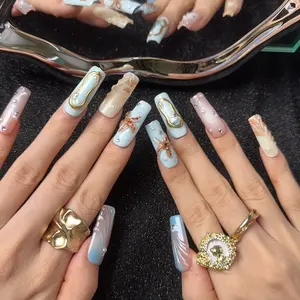 UltraBaddie "Siren's Secret" | 100% Handcrafted 3D Starfish Press-On Nails | Luxury Coastal Crush Blue & Pearl Long Square Nails | Reusable Salon Quality