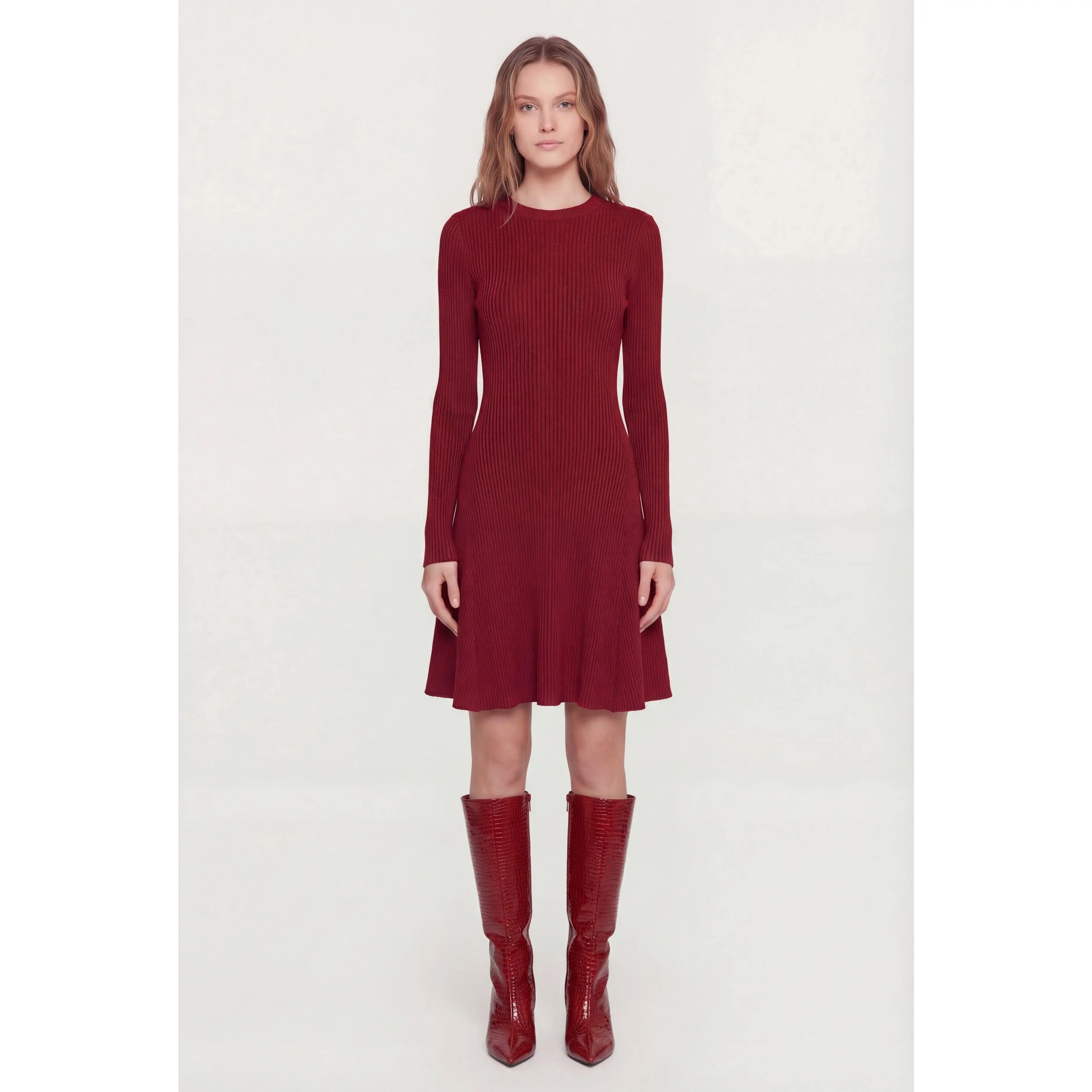 Rib Knit Long Sleeve Crew Neck Mini Sweater Dress