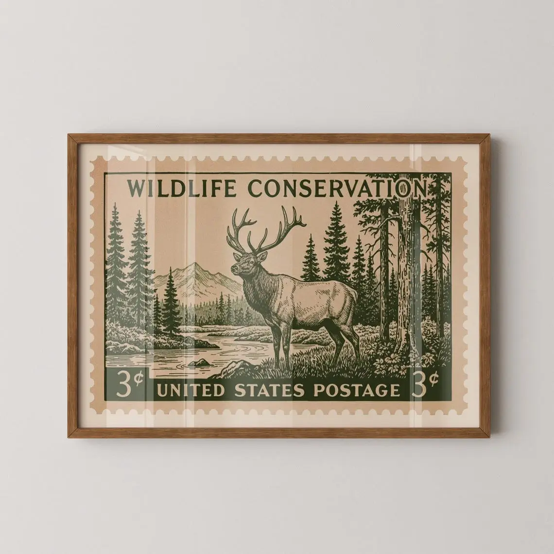 Vintage Wildlife Conservation Deer Poster, Retro Forest Stamp Style Wall Art, Rustic Nature Decor for Hunters, Cabins, Lodges & Outdoor Lovers