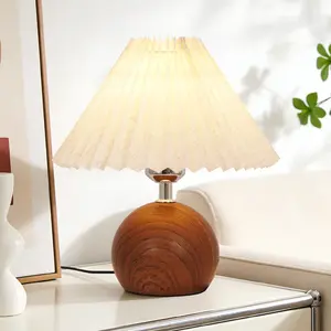 9.8 Inch Cute Pleated Brown Table Lamp with 3 Color Change Beige Lampshade Modern Bedside Lamp for Living Room Kids Room Office Nursery Bedroom