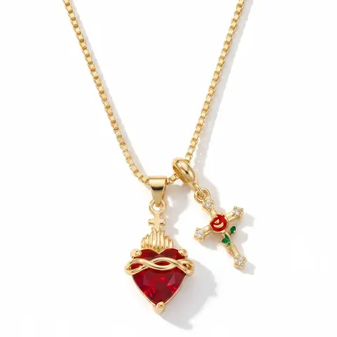 18K Gold Plated Women's Heart Necklace, New Rose Cross Multi-Pendant Zircon Charms Choker, Sacred Gemstone Collarbone Chain Jewelry