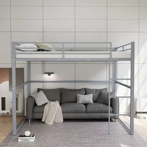 Full Size Metal Loft Bed Frame | High Safety Guardrail | Built-in Ladder | No Box Spring Needed | Gray | For Kids Teens Dorm Room