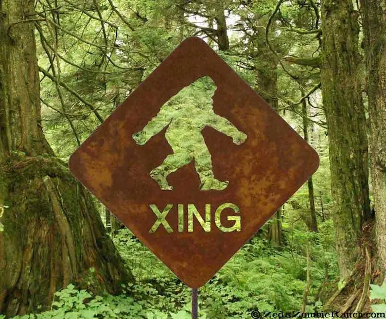Bigfoot Crossing Whimsical Garden Art - Sasquatch Rustic Metal Sign