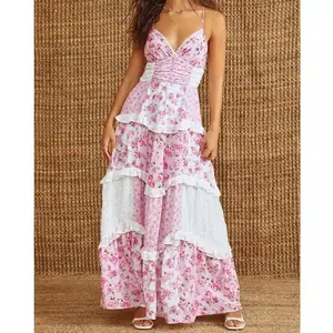 Women's Floral Dress Stylish Lace Patchwork Ruffled Trim Sleeveless Spaghetti Strap V Neck A-Line Long Dress for Summer