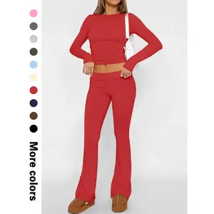 Women’s Casual Long Sleeve Crop Top & Flare Pants Set, Spring & Autumn Fashion, Lightweight Knit Fabric, Available in 10 Colors