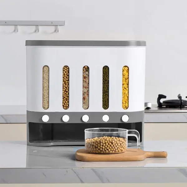 Stainless Steel Wall-Mount Dry Food Dispenser with Lid - Leakproof Kitchenware Bin, 15.75x5.91x13.39in (40x15x34cm) Cereal Rice Storage with Grid Dividers, 9kg Capacity, Visual Check Feature