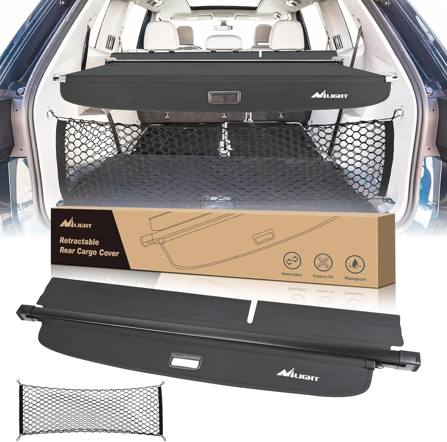 Nilight Custom Fit Retractable Cargo Cover for VW Atlas 2018-2024, Waterproof Rear Privacy Shield, Storage Net, High Strength Car Accessories with Extra Flap for Trunk Protection, Vehicle Accessories, Noise Free
