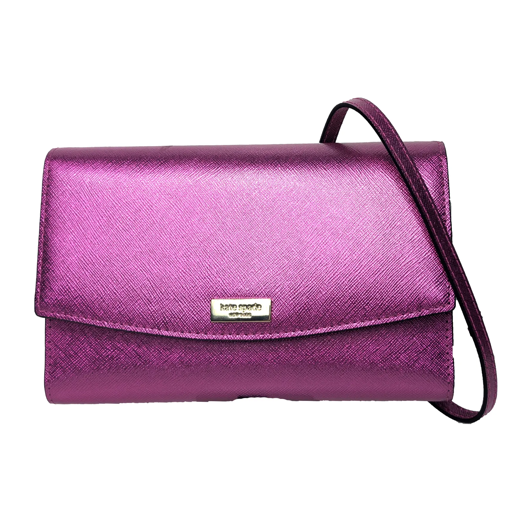 Kate Spade Women's Saffiano Cowhide Crossbody Wallet - Plum Purple Metallic Plain Preppy Evening Clutch, Magnetic Closure, 6 Card Slots, Lightweight Detachable Crossbody Strap, Cow Hide, Removable, 6 Credit Card Slots
