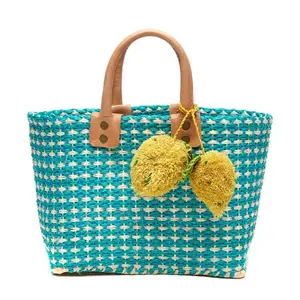 MAR Y SOL Hadley Tote Handwoven Raffia Bag with Leather Handles & Pom Pom Fruit Charm, Full Size or Mini in Multiple Colors