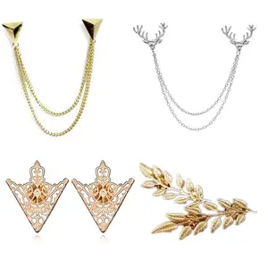 4 Pcs Deer Head Double Link Chains, Gold Stud, Retro Hollow Pattern and Angle Triangle Tassels Collar Pins Brooch Clip Pin Brooches Shirt Collar Decoration Parts with Free Box