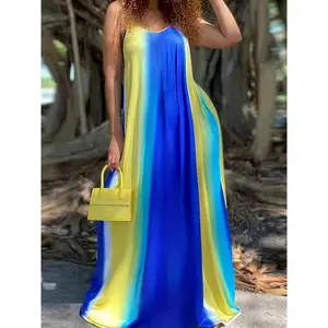 Elegant Plus Size V-Neck Tie-Dye Loose Camisole Maxi Dress – Women’s Slightly Stretchy Long Dress for Summer